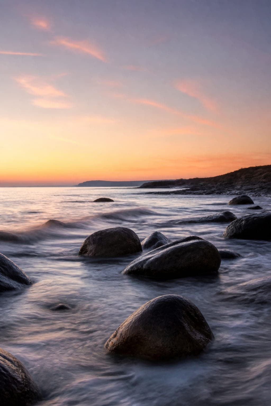Coastal dawn with gentle water around dark rocks