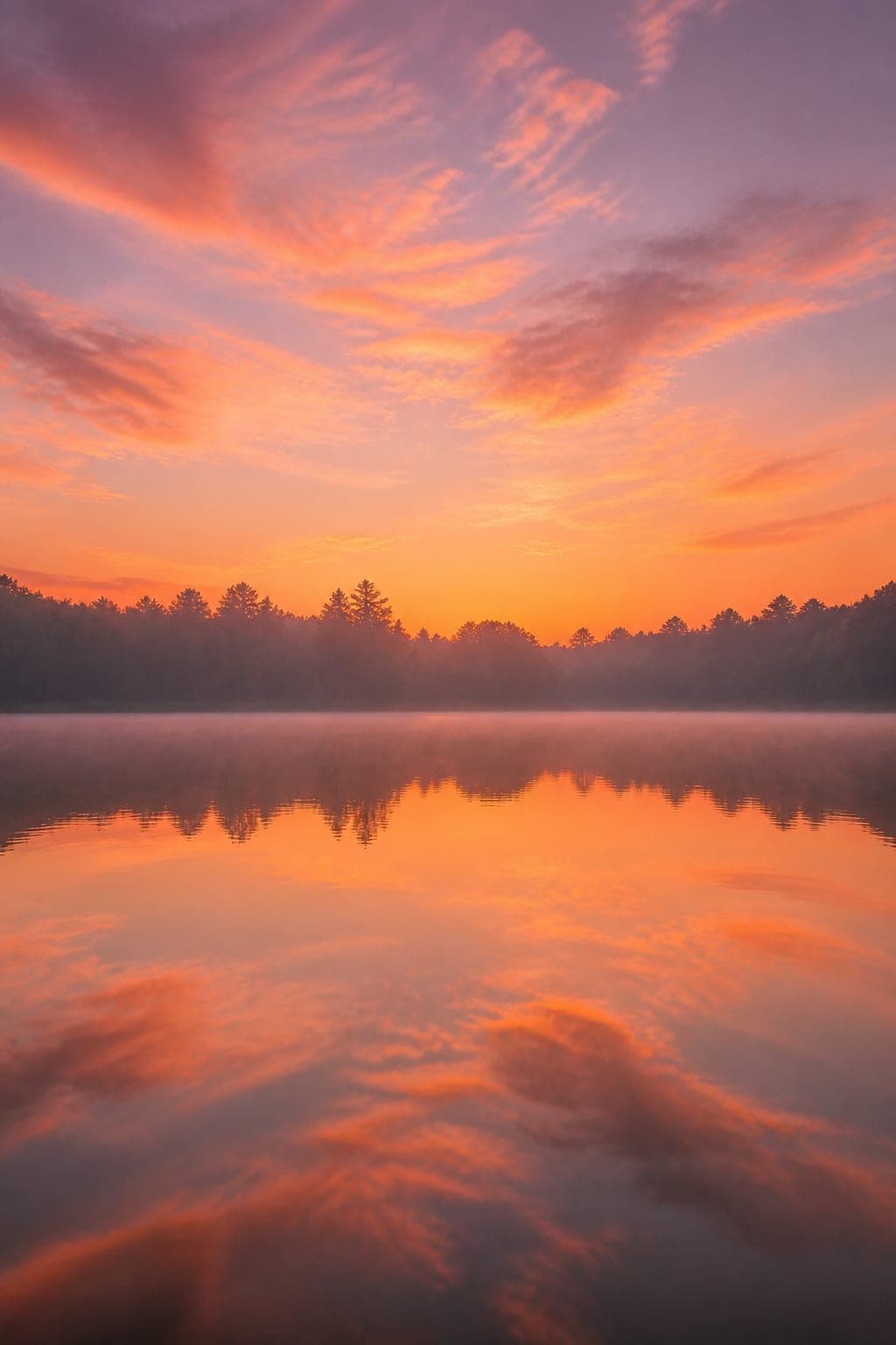 AI-generated calm lake reflecting a warm sunset sky