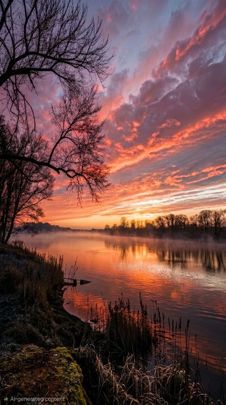 A leafless tree frames a misty river reflecting orange and pink sunset clouds, with reeds and a mossy bank. AI-generated artwork.