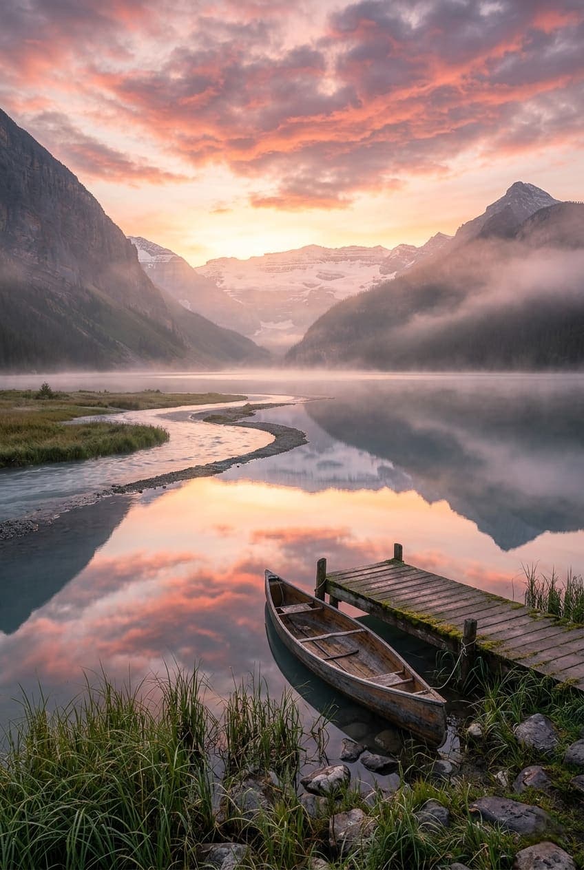 A wooden canoe tied to a small pier on a calm mountain lake reflecting a pink and orange sky. AI-generated artwork.