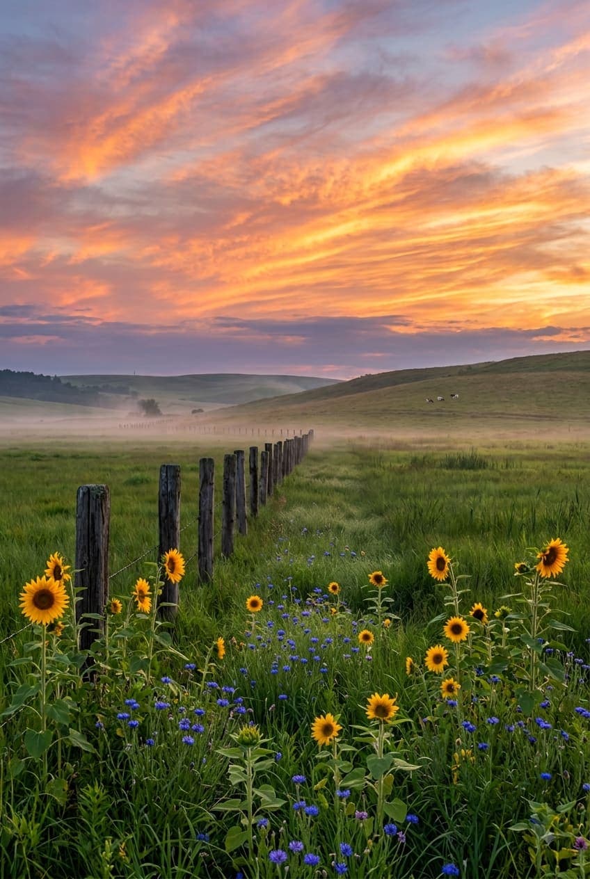 Yellow sunflowers and blue wildflowers sit by a weathered wooden fence under an orange and pink sky. AI-generated artwork.