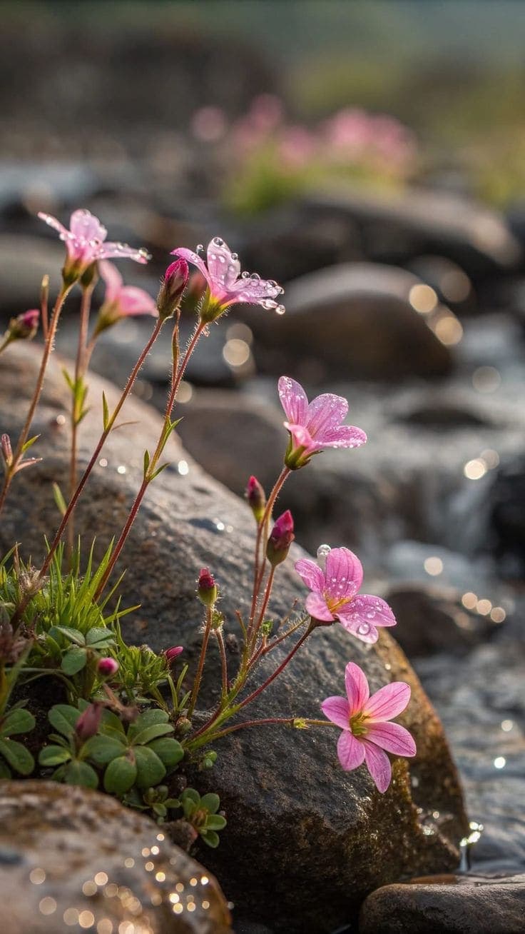 Close-up of small pink flowers with dew growing from moss on wet dark rock, with a blurred stream behind. AI-generated artwork.