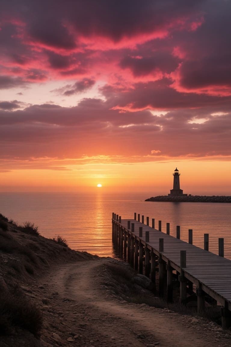 A dirt path beside a wooden pier at sunset, with a small lighthouse on a rocky jetty and magenta clouds. AI-generated artwork.