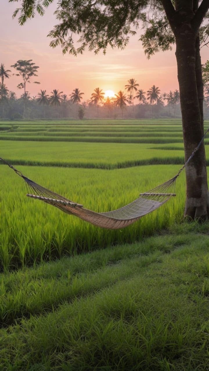 A rope hammock hangs beside a tree above green rice terraces, with palm trees and a low sun. AI-generated artwork.