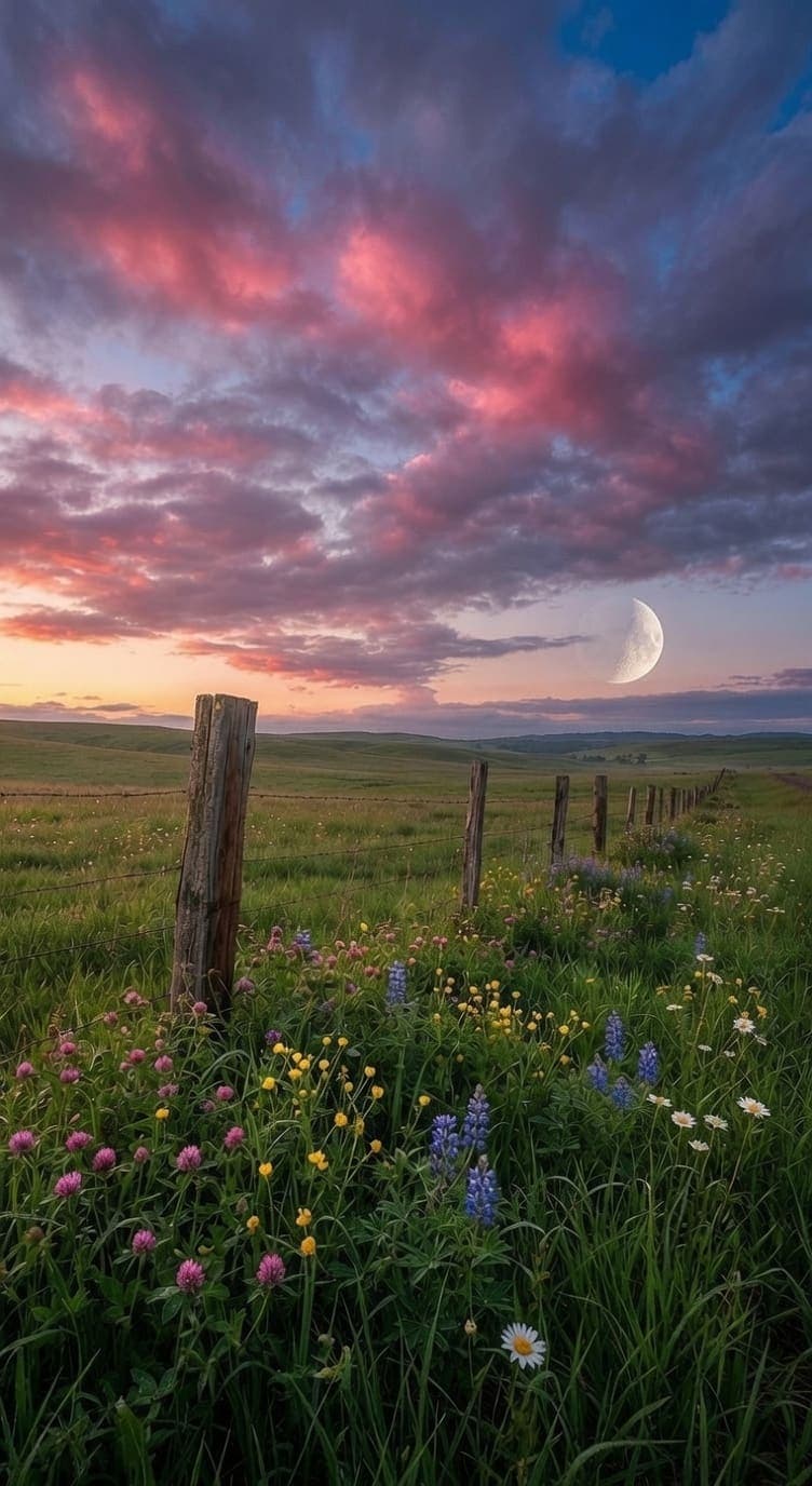 A green meadow of pink, yellow, and blue wildflowers with a wooden fence, under a crescent moon. AI-generated artwork.