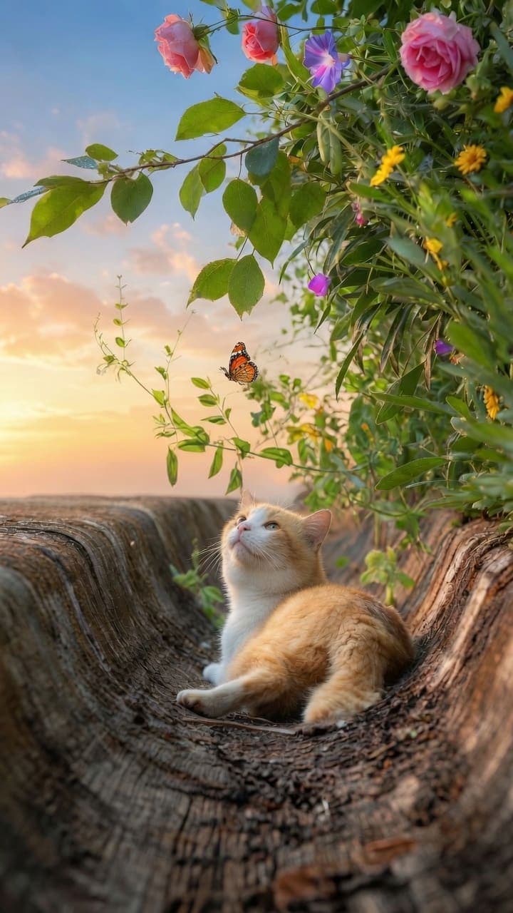An orange and white cat lies in a hollowed wooden log, looking up at a monarch butterfly among roses. AI-generated artwork.