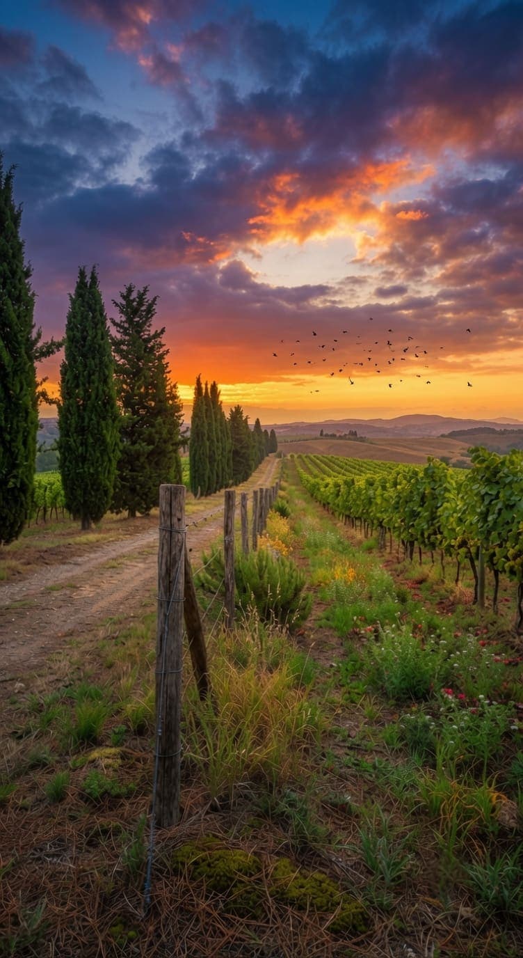 A dirt path runs between cypress trees and grapevines at sunset, with a wooden fence post and wildflowers. AI-generated artwork.