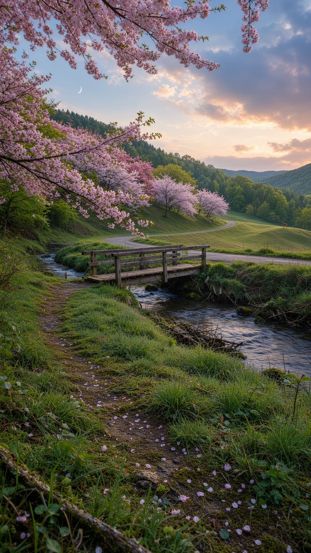 A dirt path with pink petals leads to a wooden footbridge over a stream under cherry blossoms. AI-generated artwork.
