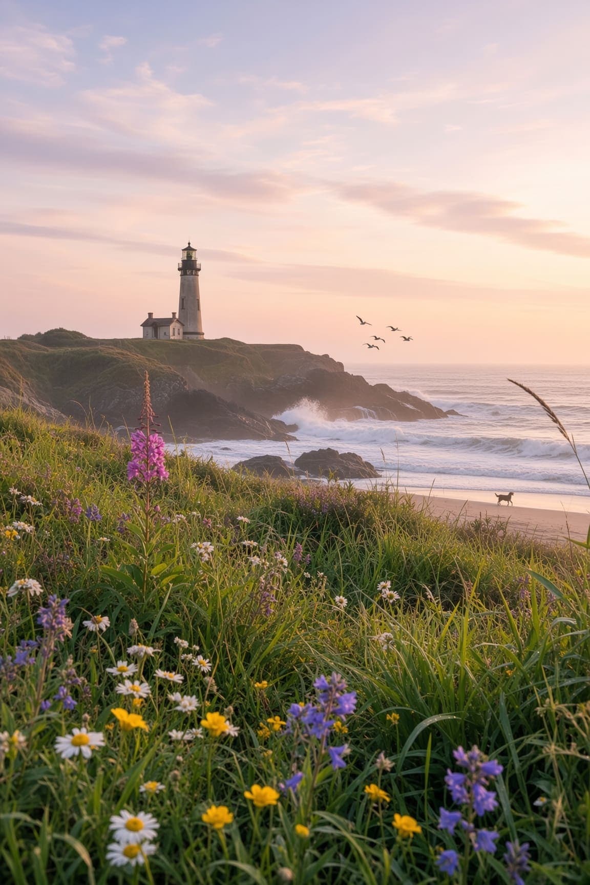 Wildflowers on a grassy hillside overlook a white lighthouse, a sandy beach, and a dog running at the water. AI-generated artwork.