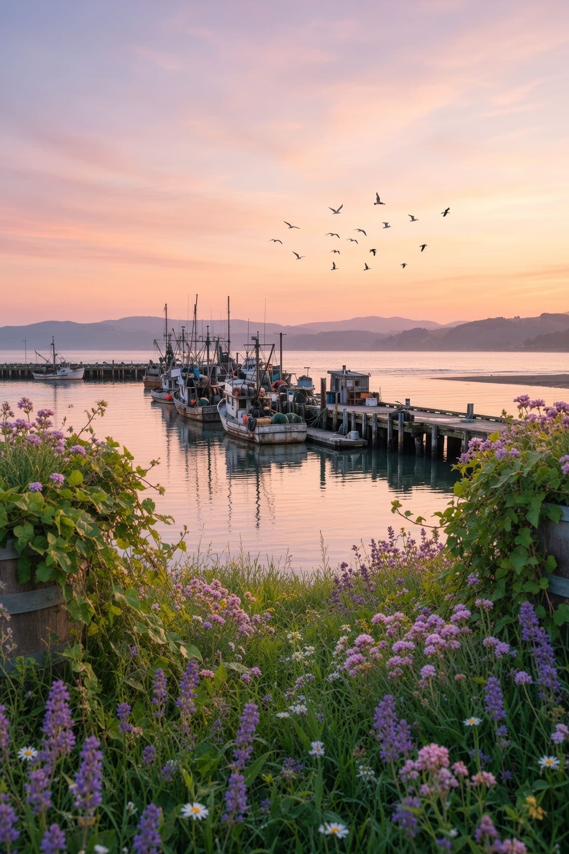 Purple wildflowers overlook a harbor with fishing boats at a wooden pier, still water reflecting a pink sky. AI-generated artwork.