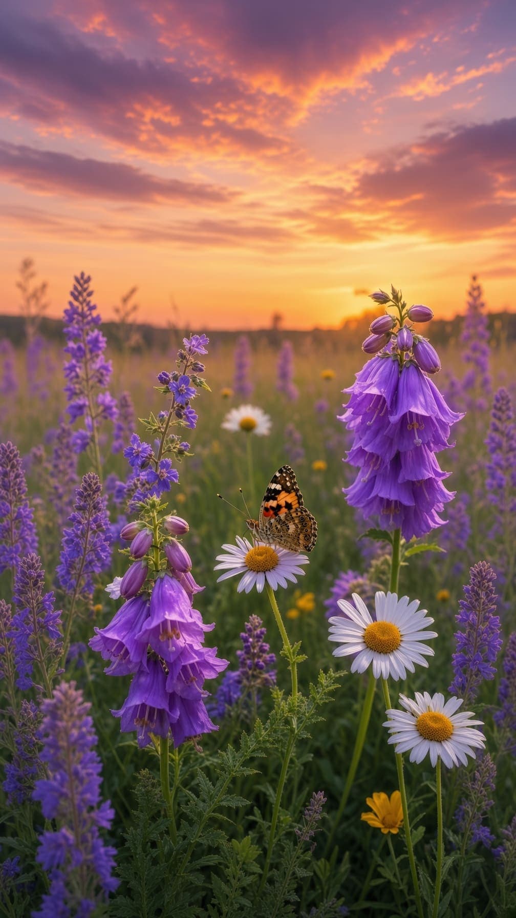 Purple bell flowers and white daisies in a meadow, with an orange and black butterfly on a daisy. AI-generated artwork.