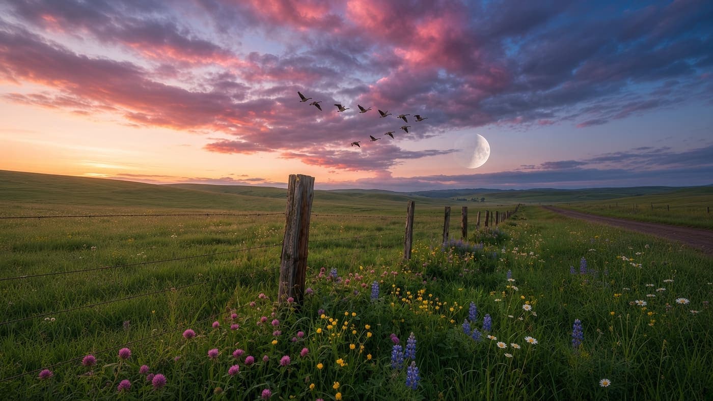 A green meadow with wildflowers and a wooden fence under a pink sunset, with a crescent moon and birds in a V. AI-generated artwork.