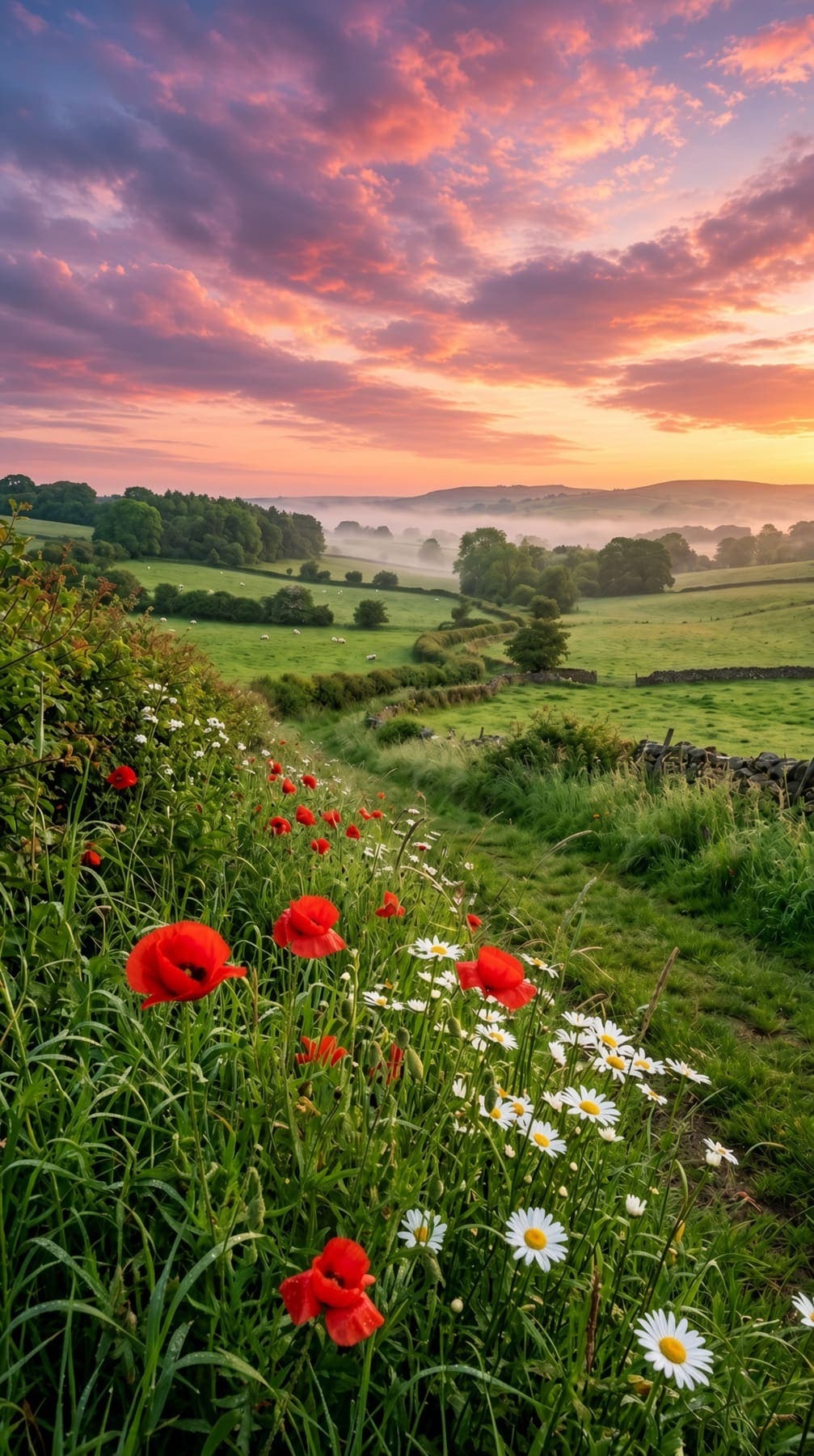Red poppies and white daisies in a grassy field overlooking rolling green hills and a misty valley. AI-generated artwork.