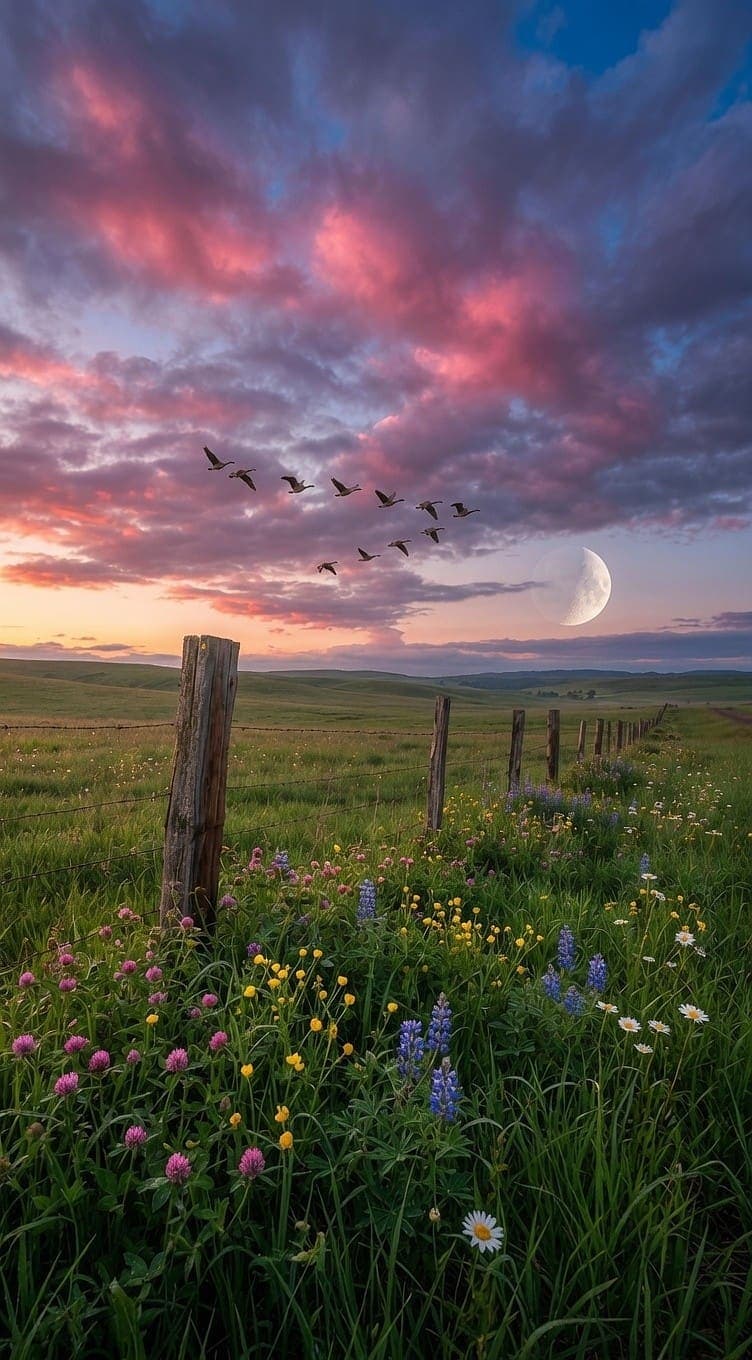 A grassy field of pink, yellow, blue, and white wildflowers beside a wooden fence post under a crescent moon. AI-generated artwork.