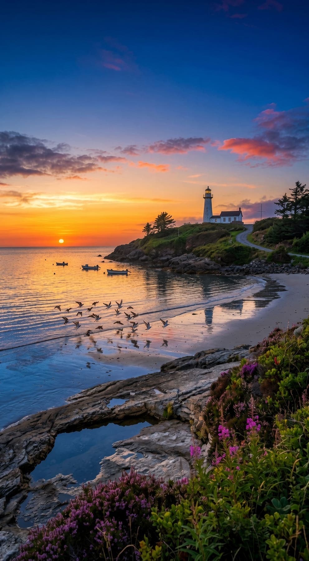 A white lighthouse and cottage on a grassy cliff above a calm bay with three small boats and purple wildflowers. AI-generated artwork.