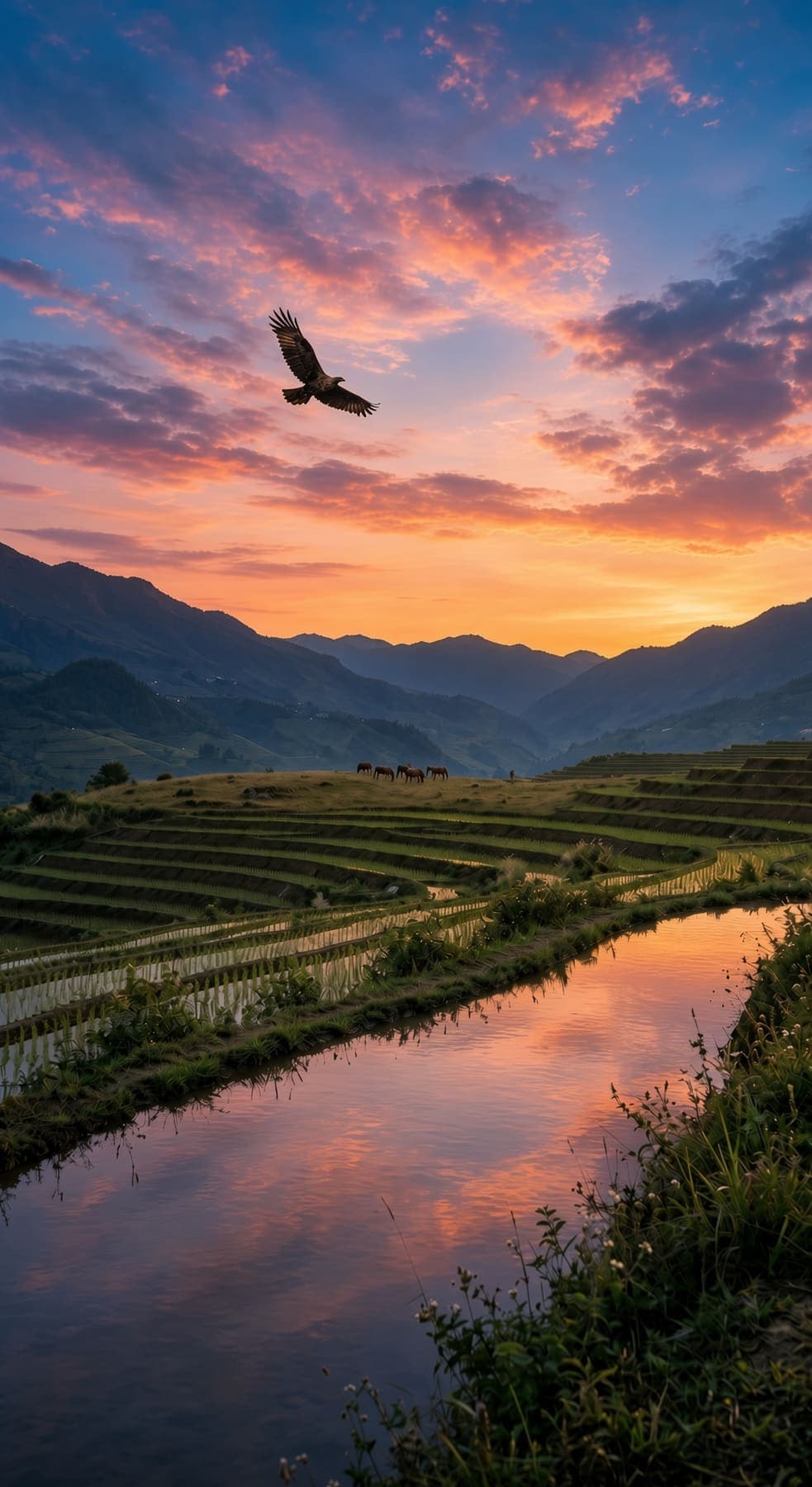 A bird of prey flies over green terraced fields and distant mountains under a pink and orange sunset. AI-generated artwork.