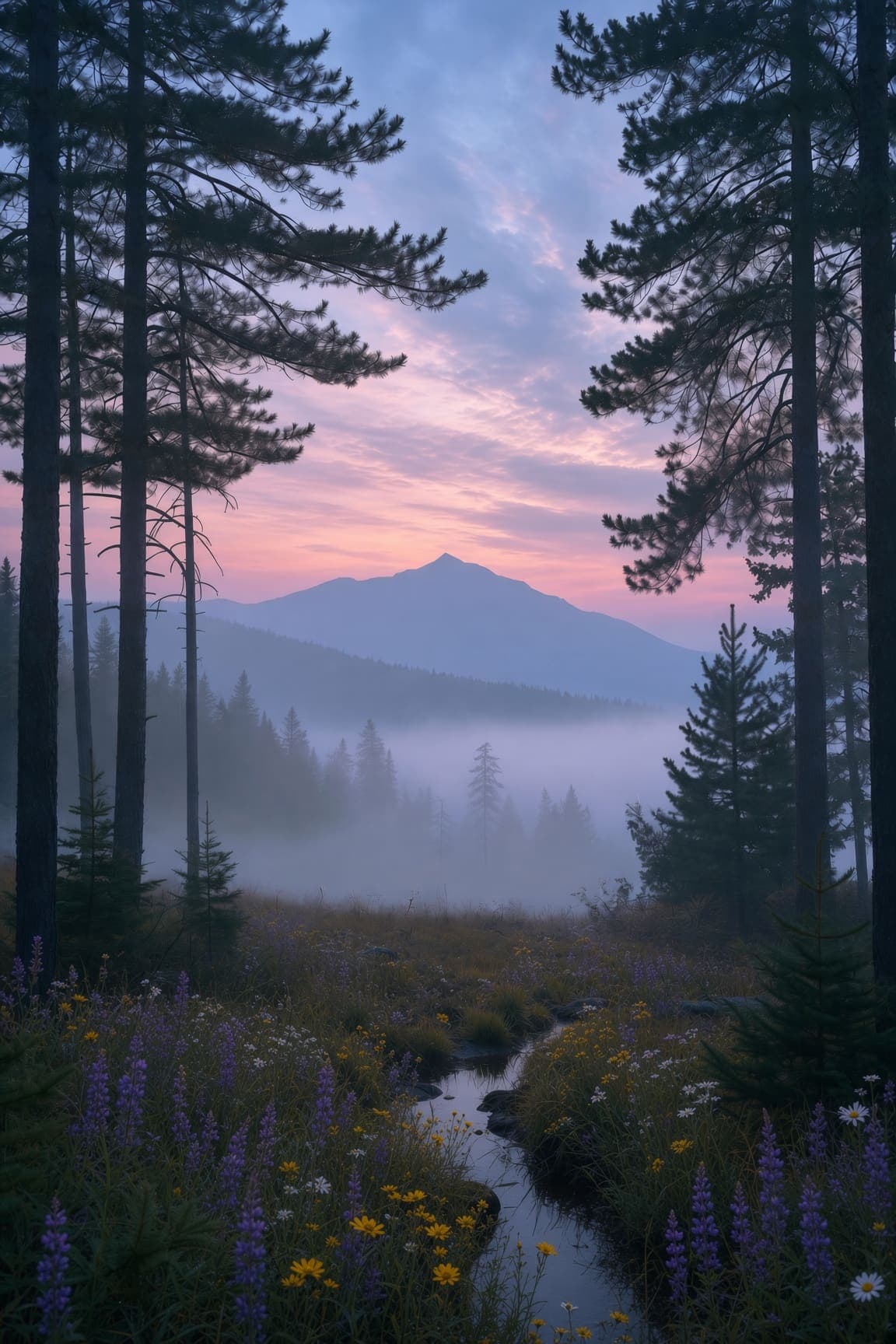 A stream winds through a meadow of purple lupines, framed by pine trees, with valley mist and a distant mountain. AI-generated artwork.