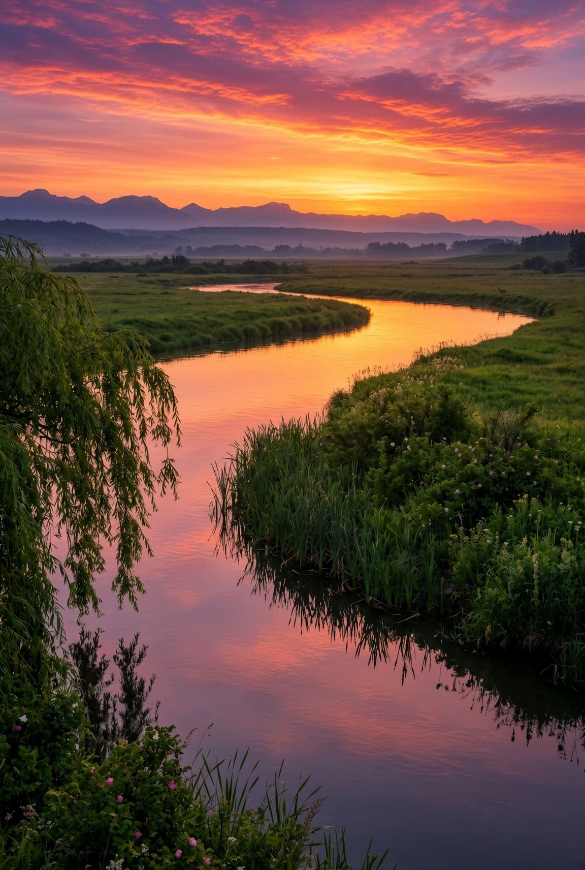 A winding river flows through green meadows under orange and pink sunrise clouds, with silhouetted mountains. AI-generated artwork.