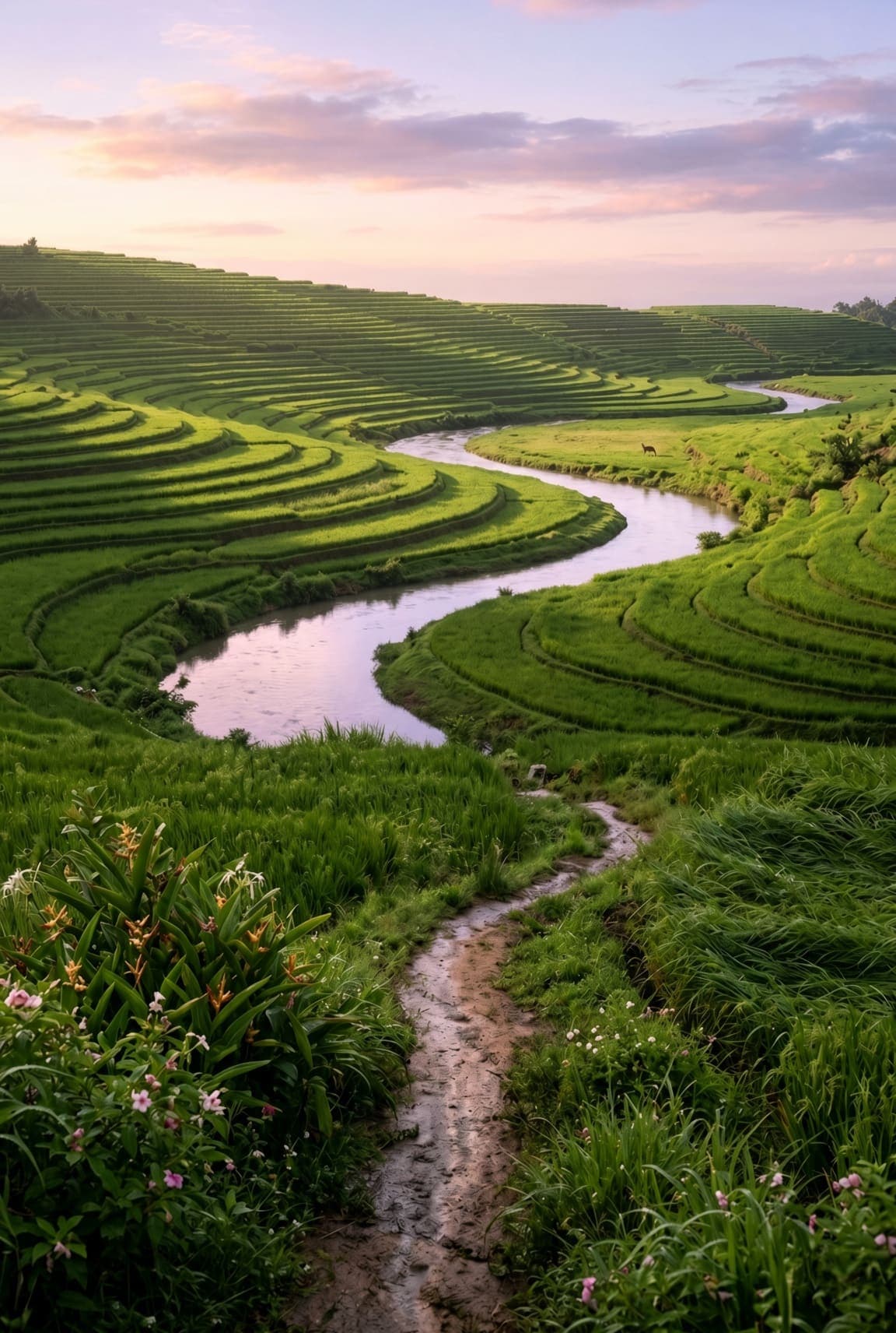 A muddy path leads into green terraced hills with an S-shaped river and pink flowers beside the path. AI-generated artwork.