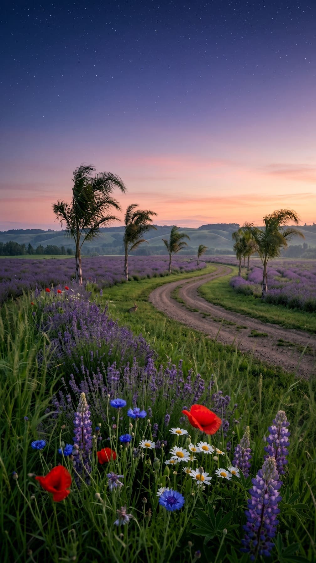 A dirt path curves through purple lavender fields and palm trees under a sky fading from sunset orange to starry blue. AI-generated artwork.