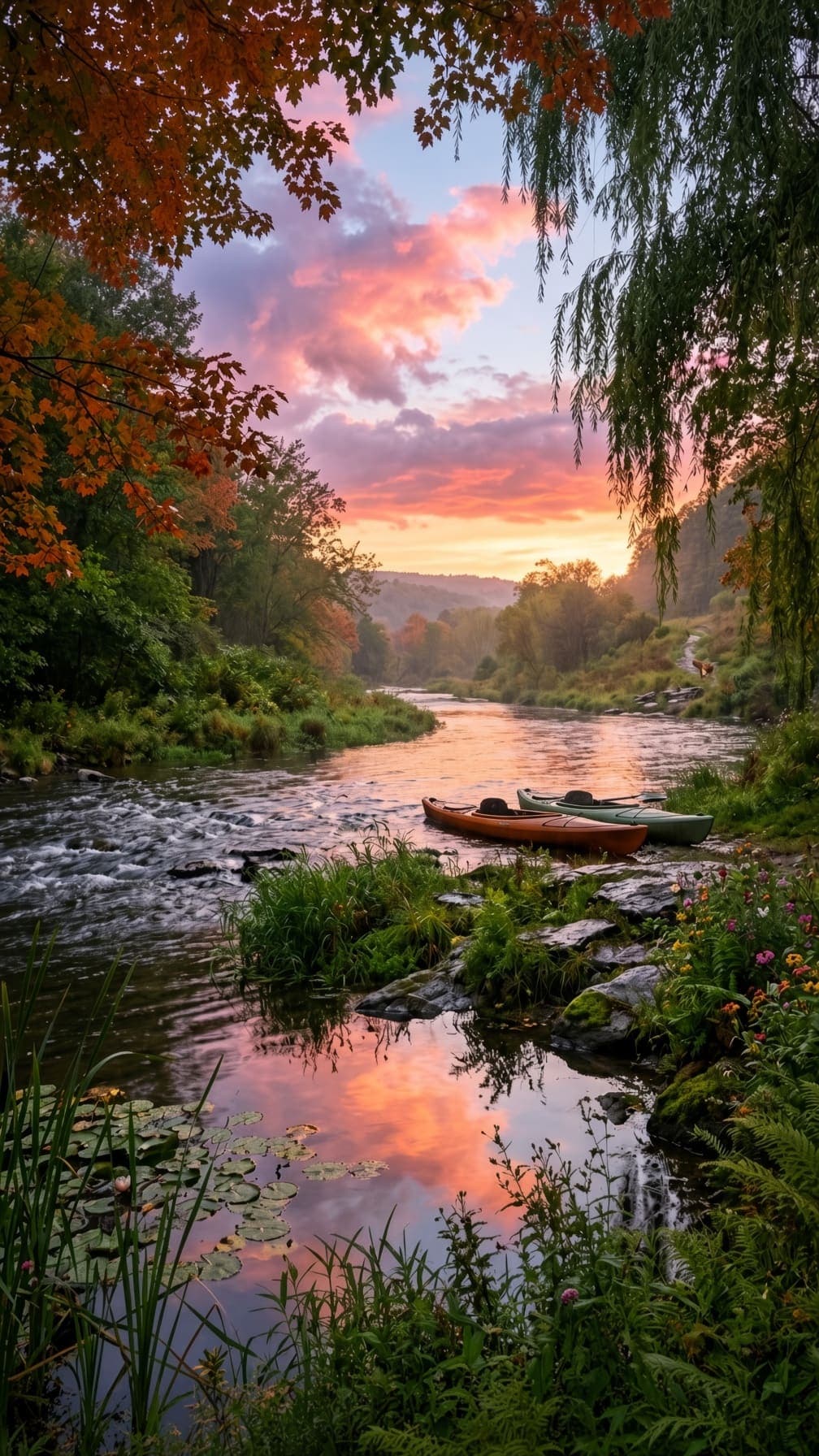 An orange kayak and a green kayak rest on a rocky riverbank beside a pool with lily pads under pink clouds. AI-generated artwork.