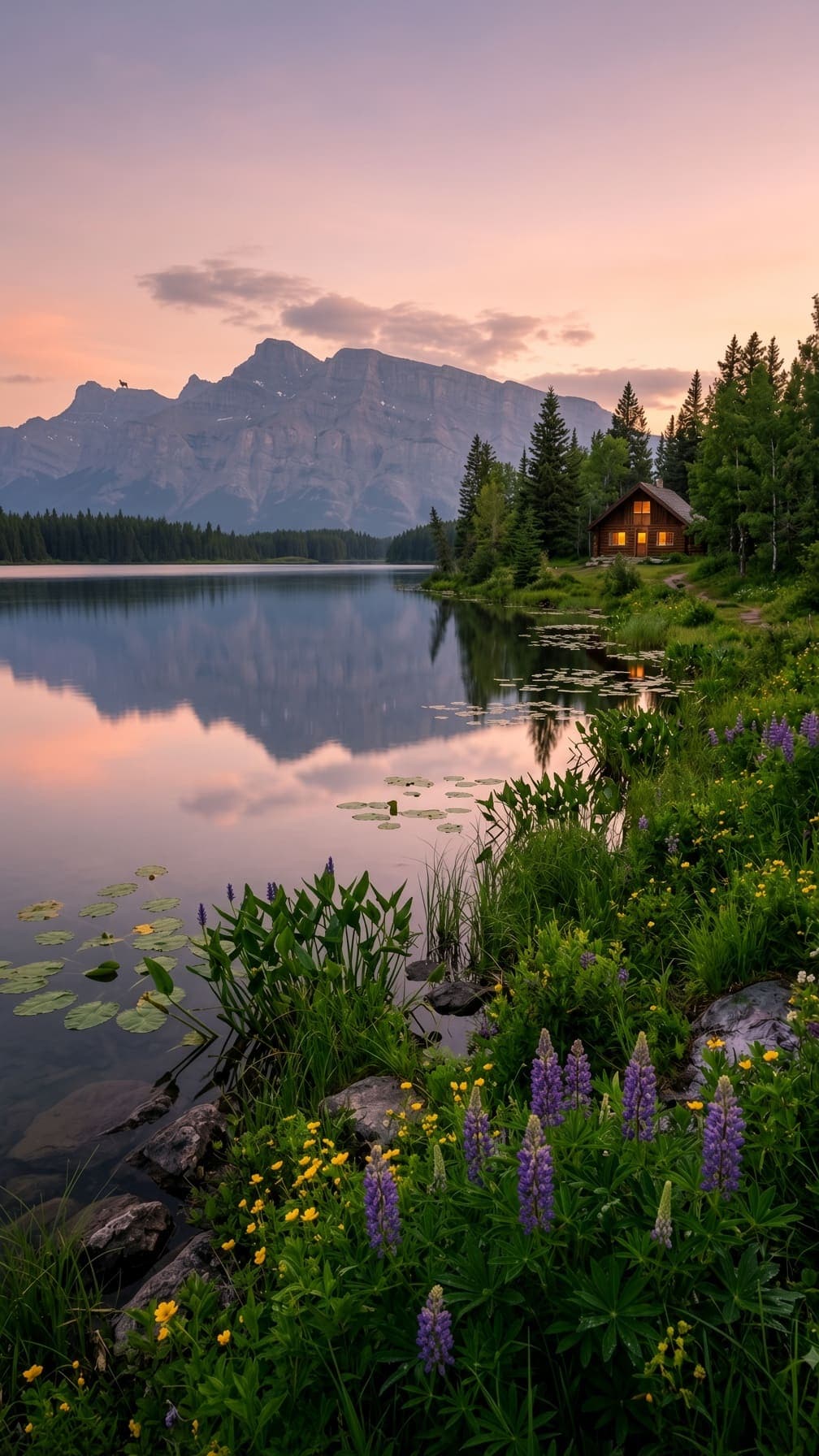 A wooden cabin with glowing windows sits beside a still mountain lake, with purple lupines in the foreground. AI-generated artwork.