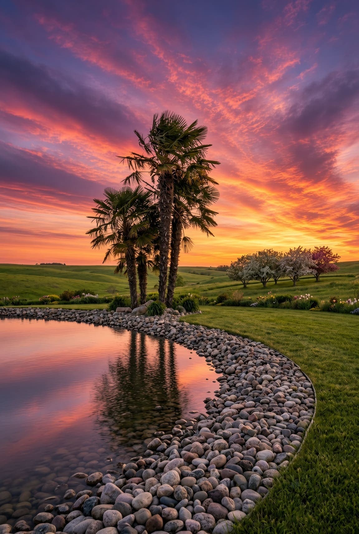 Three palm trees stand beside a calm pond edged with river stones, reflecting a purple and orange sunset. AI-generated artwork.