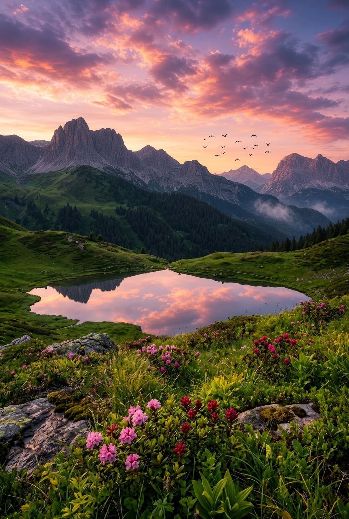 A green alpine meadow with pink and red wildflowers in front of a still mountain lake reflecting a pink sky. AI-generated artwork.