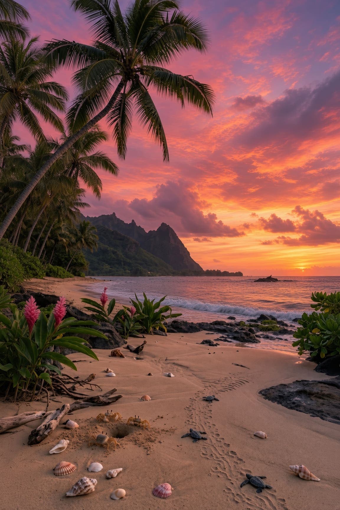 Baby sea turtles crawl toward the ocean across a sandy beach at sunset, near seashells, crabs, and palm trees. AI-generated artwork.
