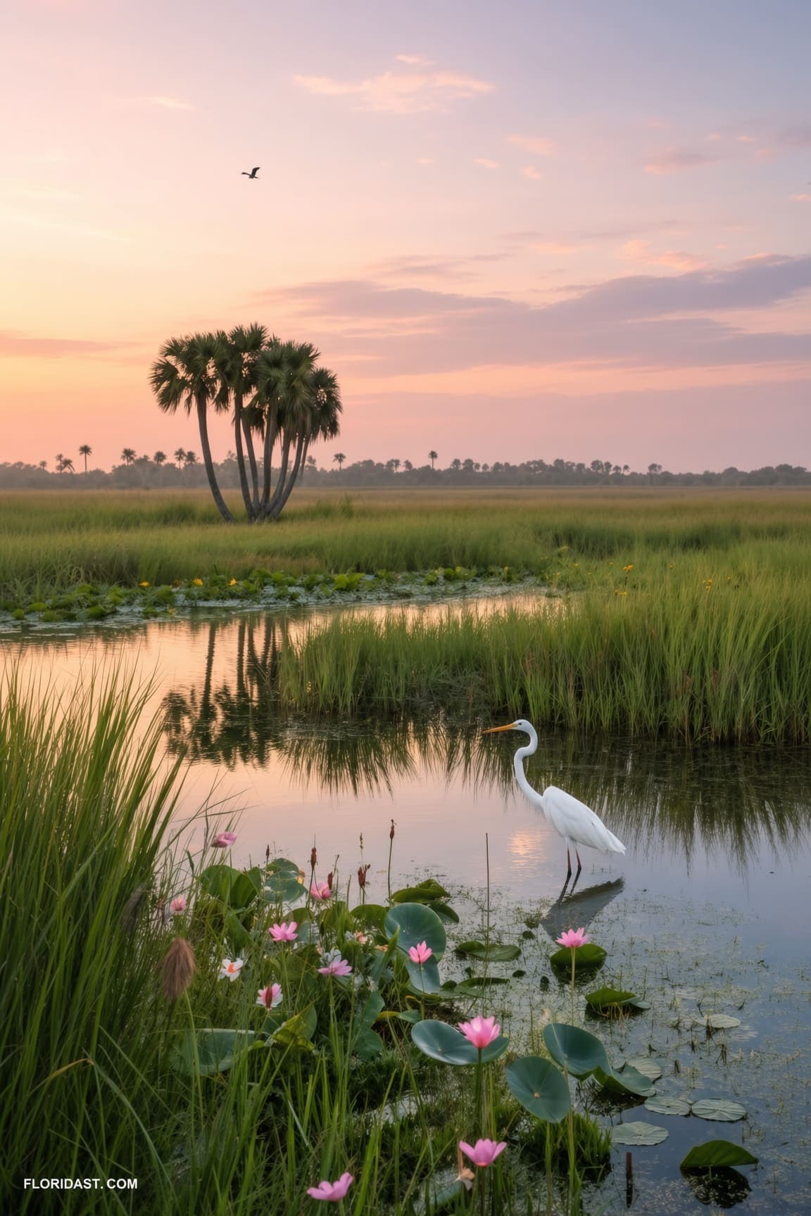 A white egret stands in shallow marsh water among pink water lilies and lily pads under a pale pink sky. AI-generated artwork.