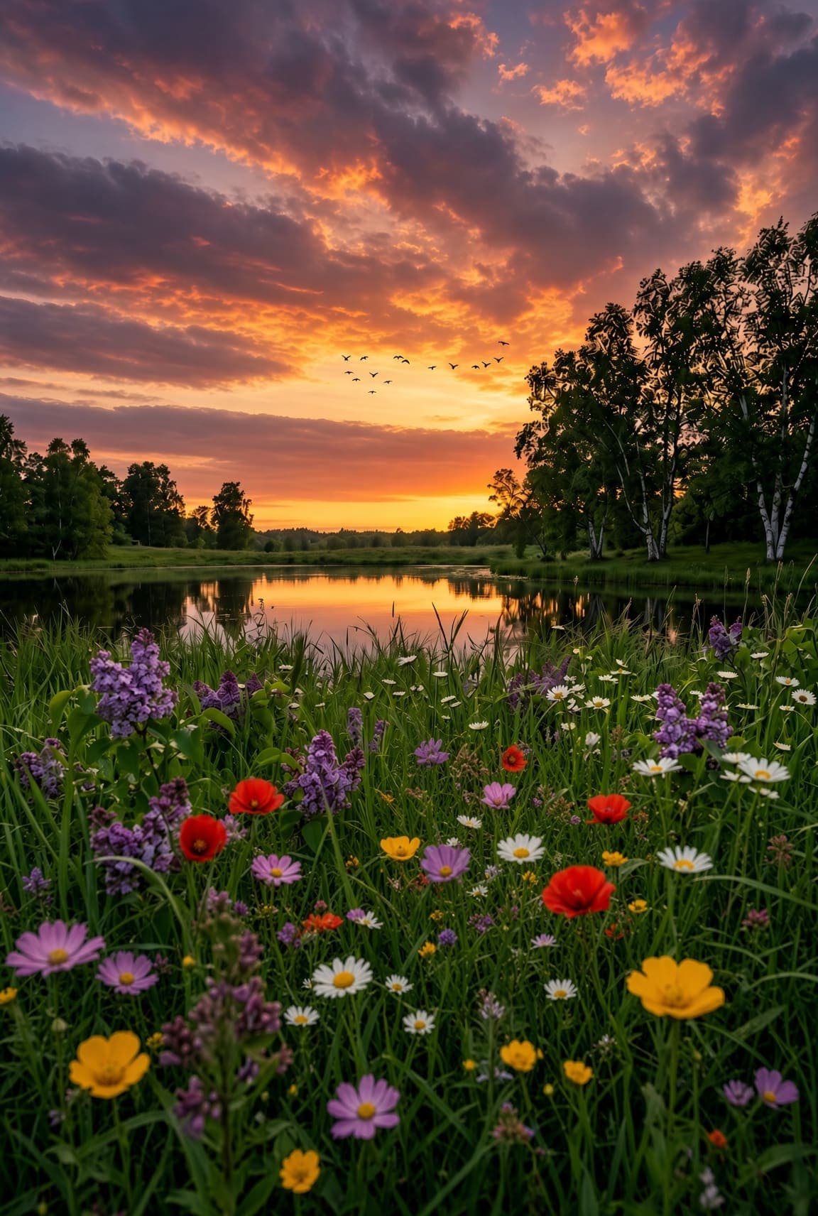A meadow of red, purple, yellow, and white wildflowers in front of a calm lake reflecting orange sunset clouds. AI-generated artwork.