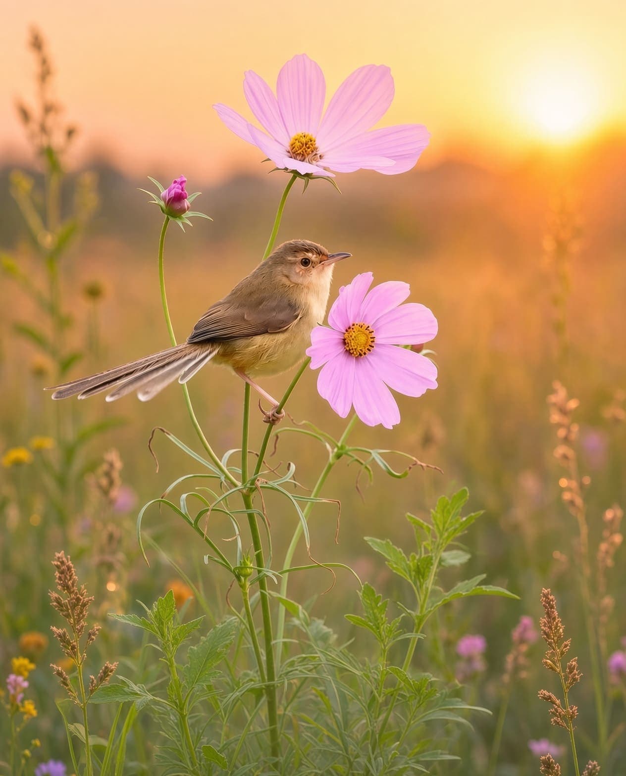 A small brown long-tailed songbird perches on a thin green stem between two pink cosmos flowers. AI-generated artwork.