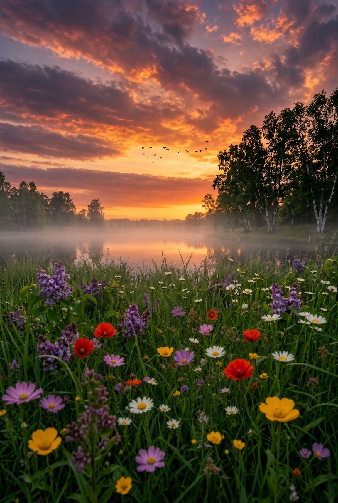 Red poppies, yellow buttercups, white daisies, and purple wildflowers sit in front of a misty lake at sunset. AI-generated artwork.