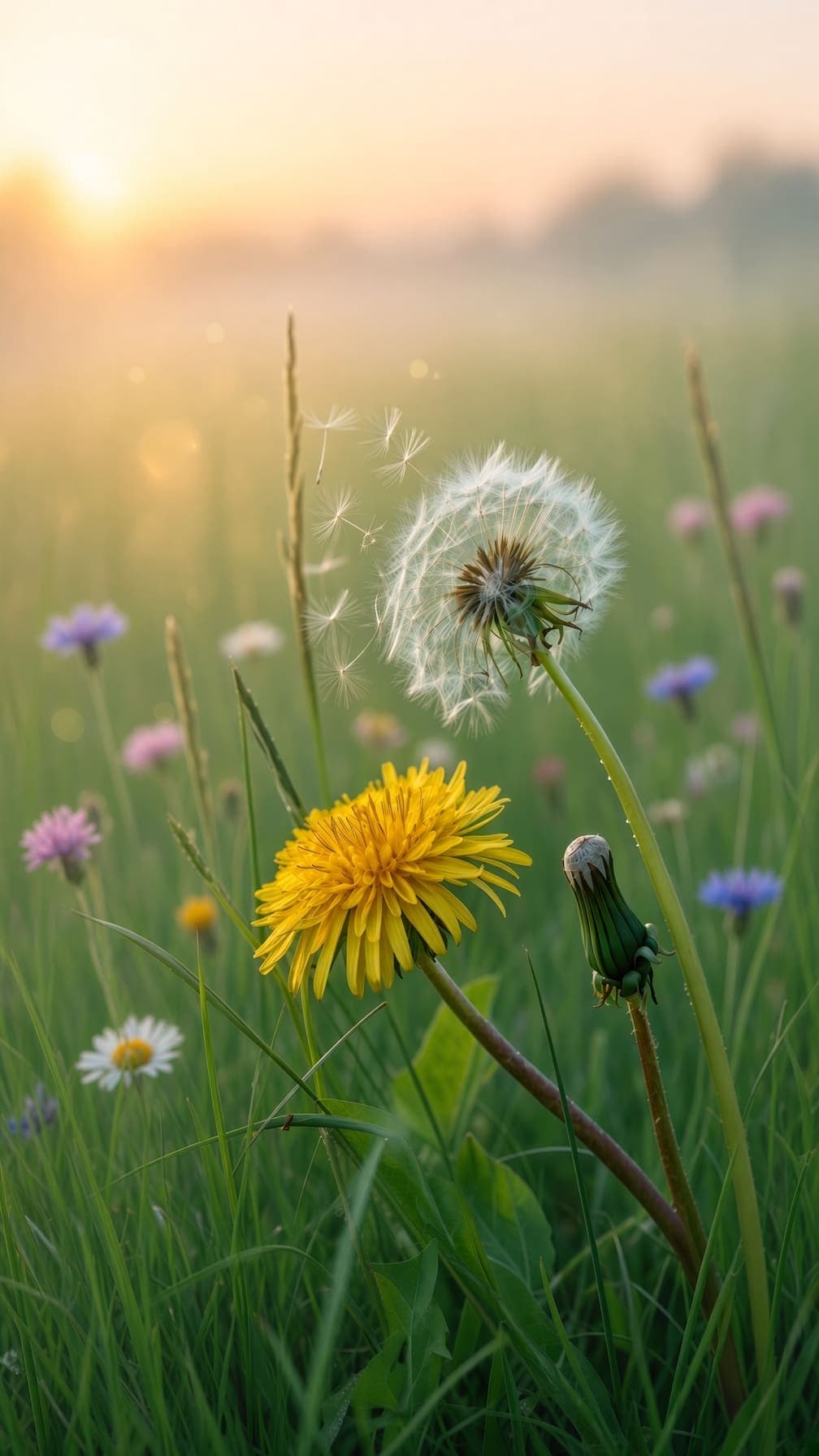 A yellow dandelion bloom, a white seed head with seeds drifting, and a closed bud stand in a grassy meadow. AI-generated artwork.