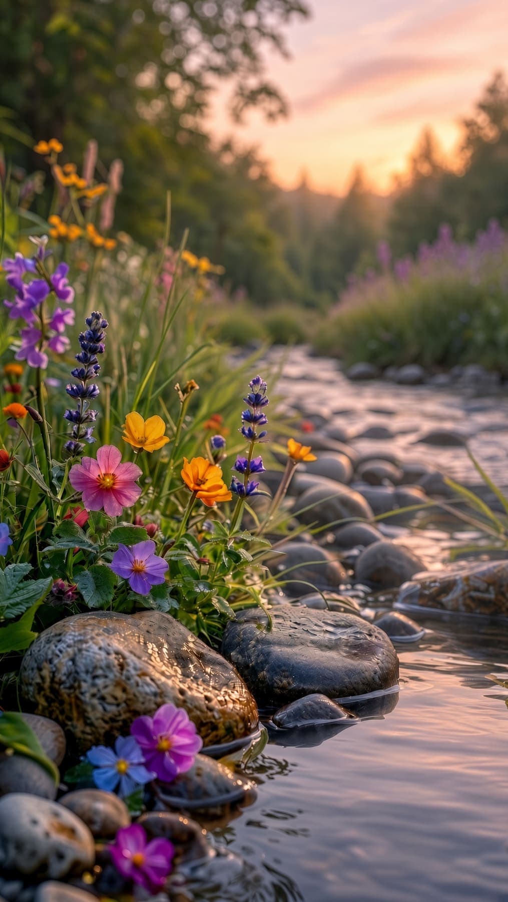 Pink, purple, and yellow wildflowers grow beside wet rounded stones along a shallow rocky stream. AI-generated artwork.