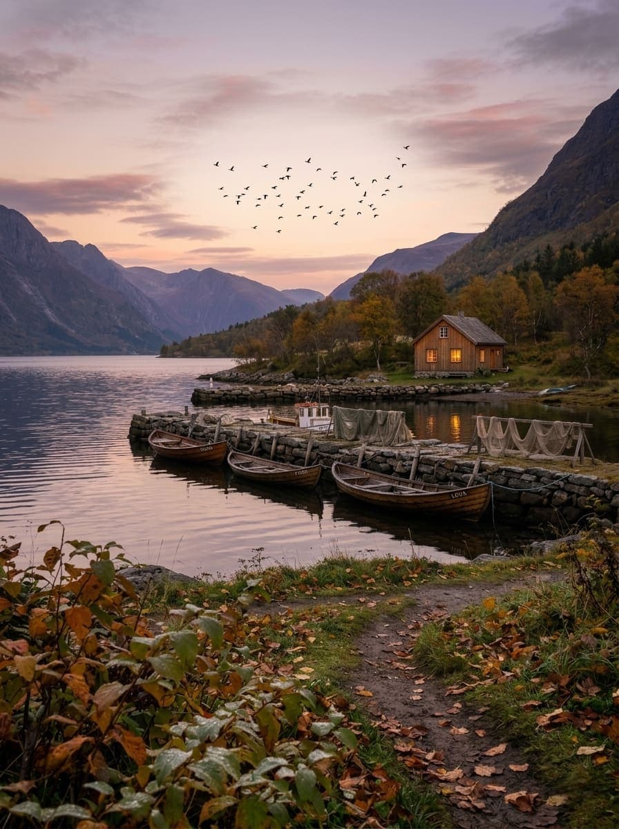 A stone pier with three wooden rowboats leads toward a wooden cabin with lit windows beside still water. AI-generated artwork.