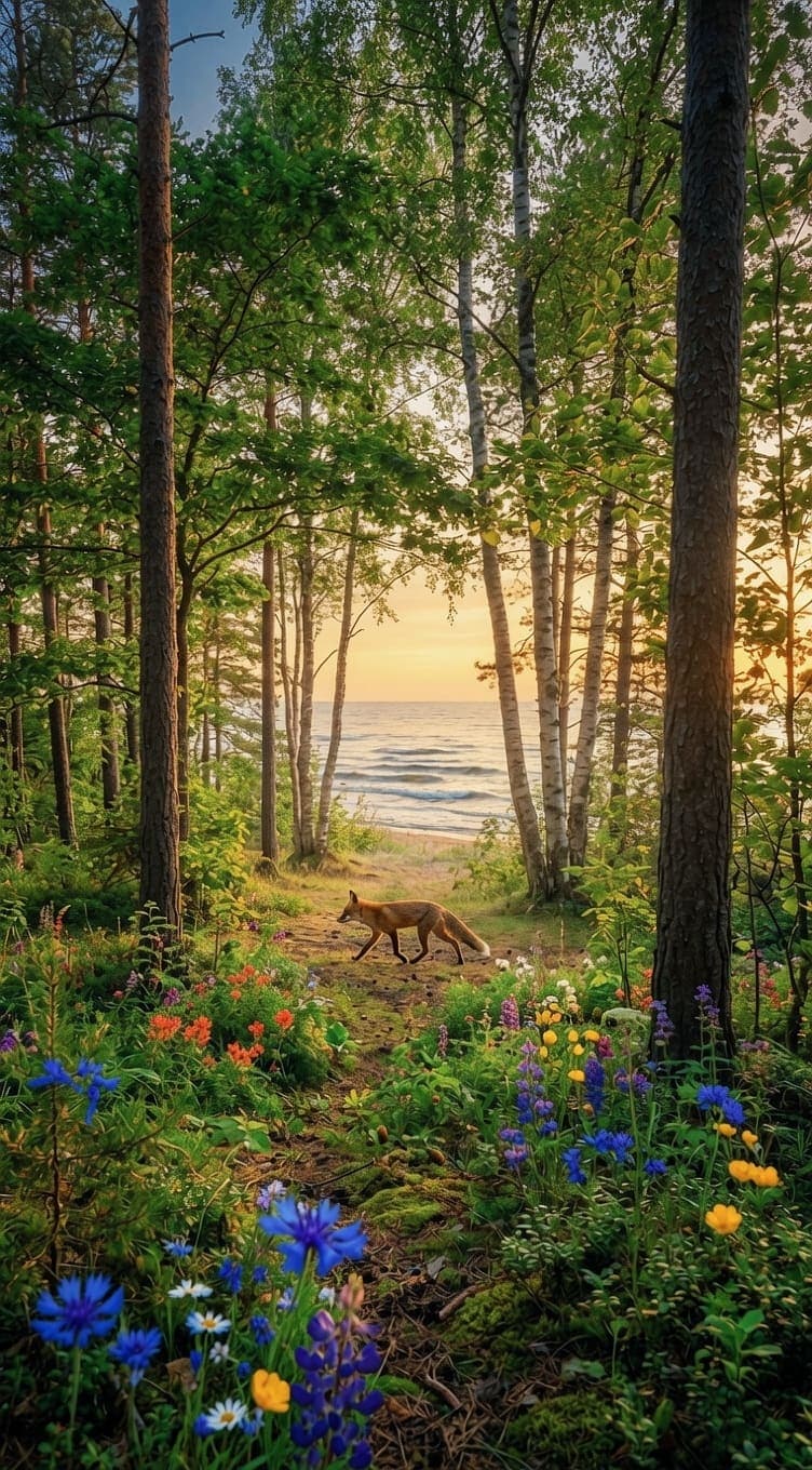 A red fox with a white-tipped tail walks through blue cornflowers and purple lupines toward a beach and sunset sea. AI-generated artwork.