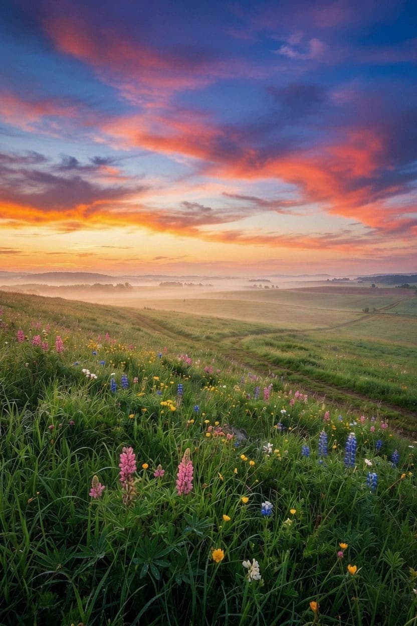 Pink and blue lupines and yellow wildflowers cover a grassy slope above a mist-filled valley. AI-generated artwork.