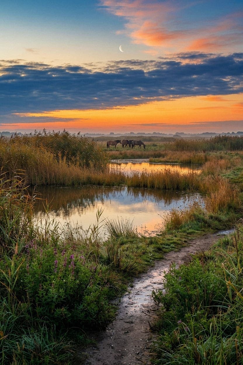 A dirt path leads past purple flowers to a pond reflecting an orange sky, with horses grazing under a crescent moon. AI-generated artwork.