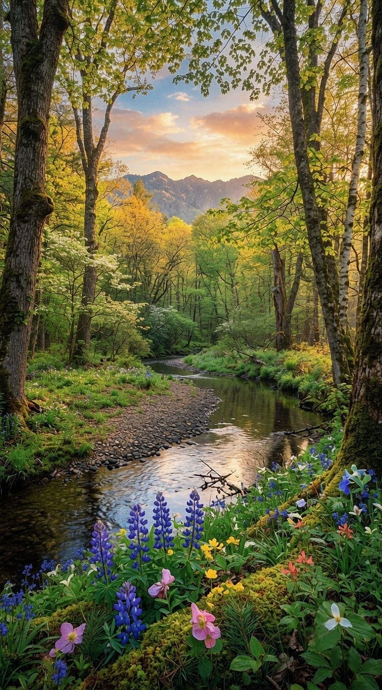A clear rocky stream runs through a mossy forest of purple, pink, yellow, and white wildflowers. AI-generated artwork.