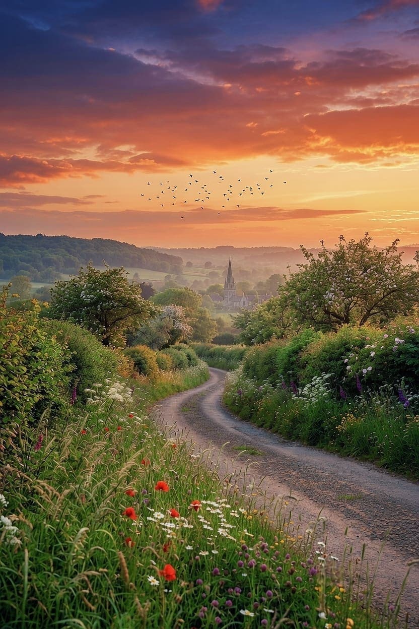 A winding dirt path through red poppies and white daisies leads toward a village with a church spire. AI-generated artwork.