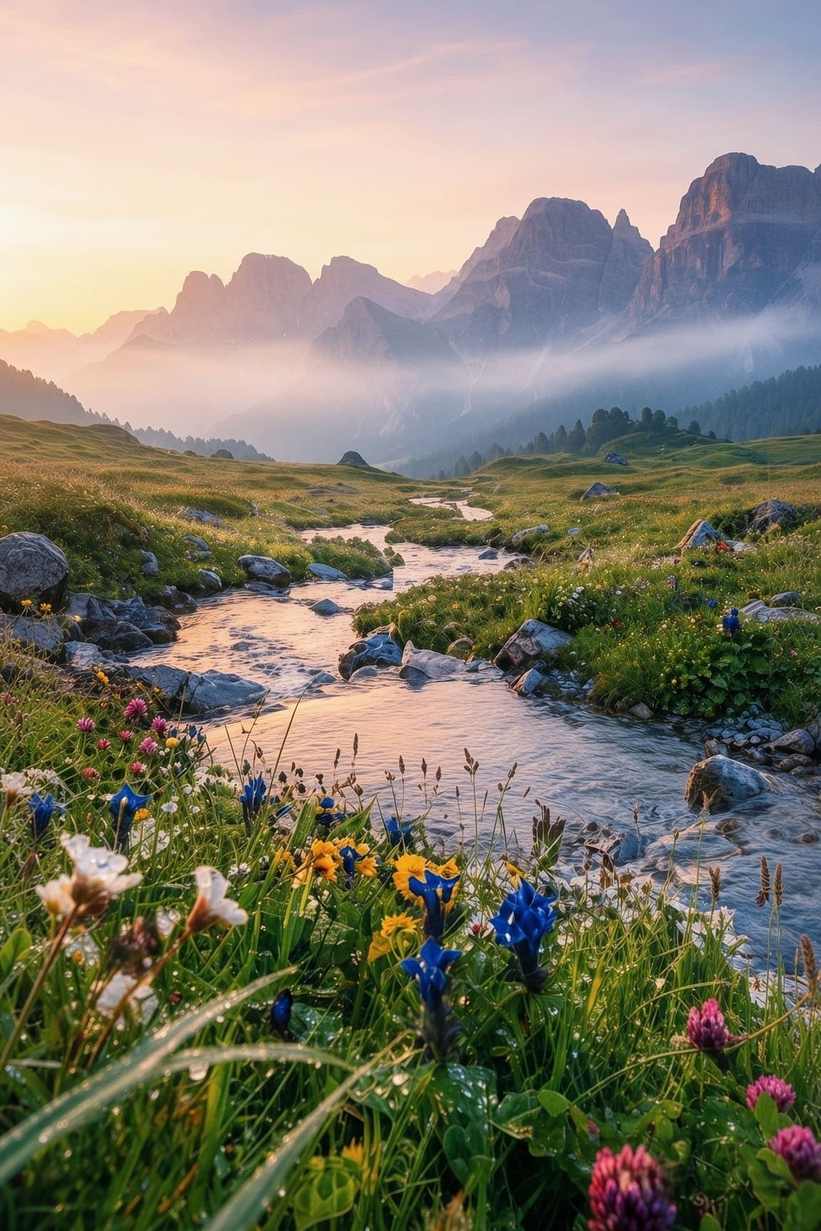 Blue and pink wildflowers sit in a grassy meadow with a shallow rocky stream winding toward jagged mountains. AI-generated artwork.