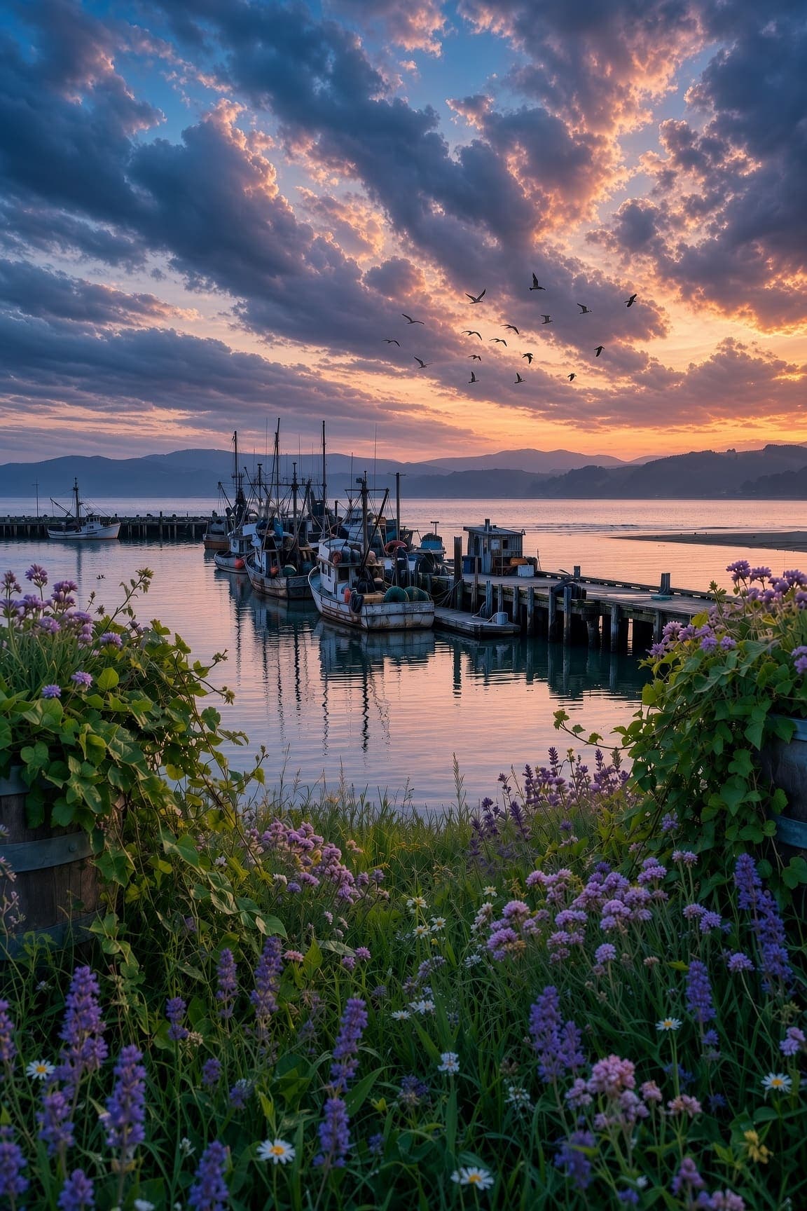 Purple and white flowers sit in front of a wooden pier with masted fishing boats on still water. AI-generated artwork.