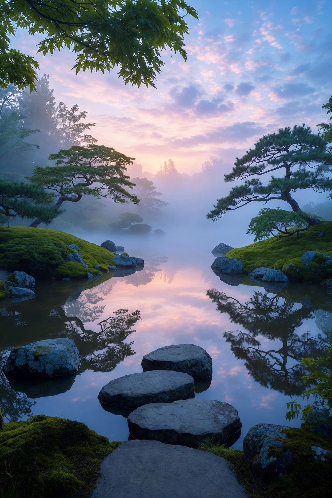 Flat stepping stones lead into a still pond reflecting a pink and blue sky between mossy mounds and pines. AI-generated artwork.