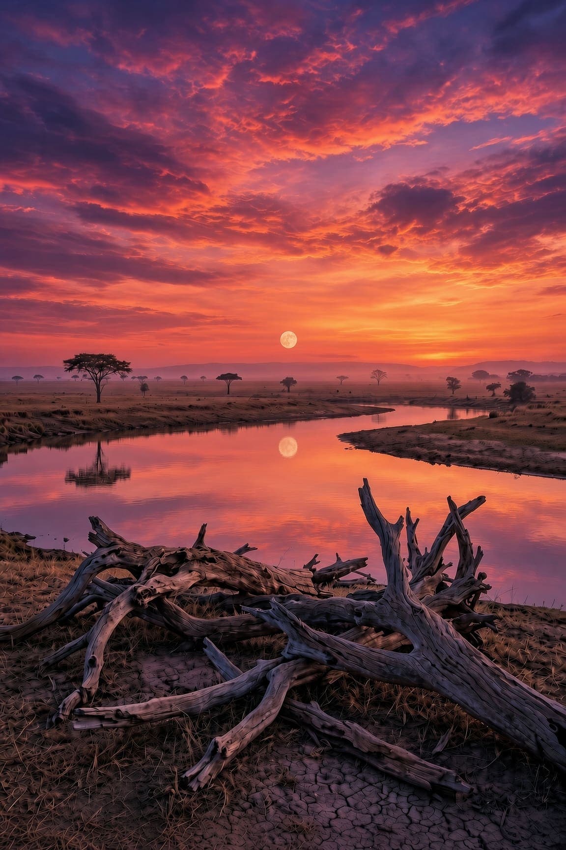 Weathered driftwood lies on cracked dry earth in front of a still river reflecting an orange sky and a full moon. AI-generated artwork.