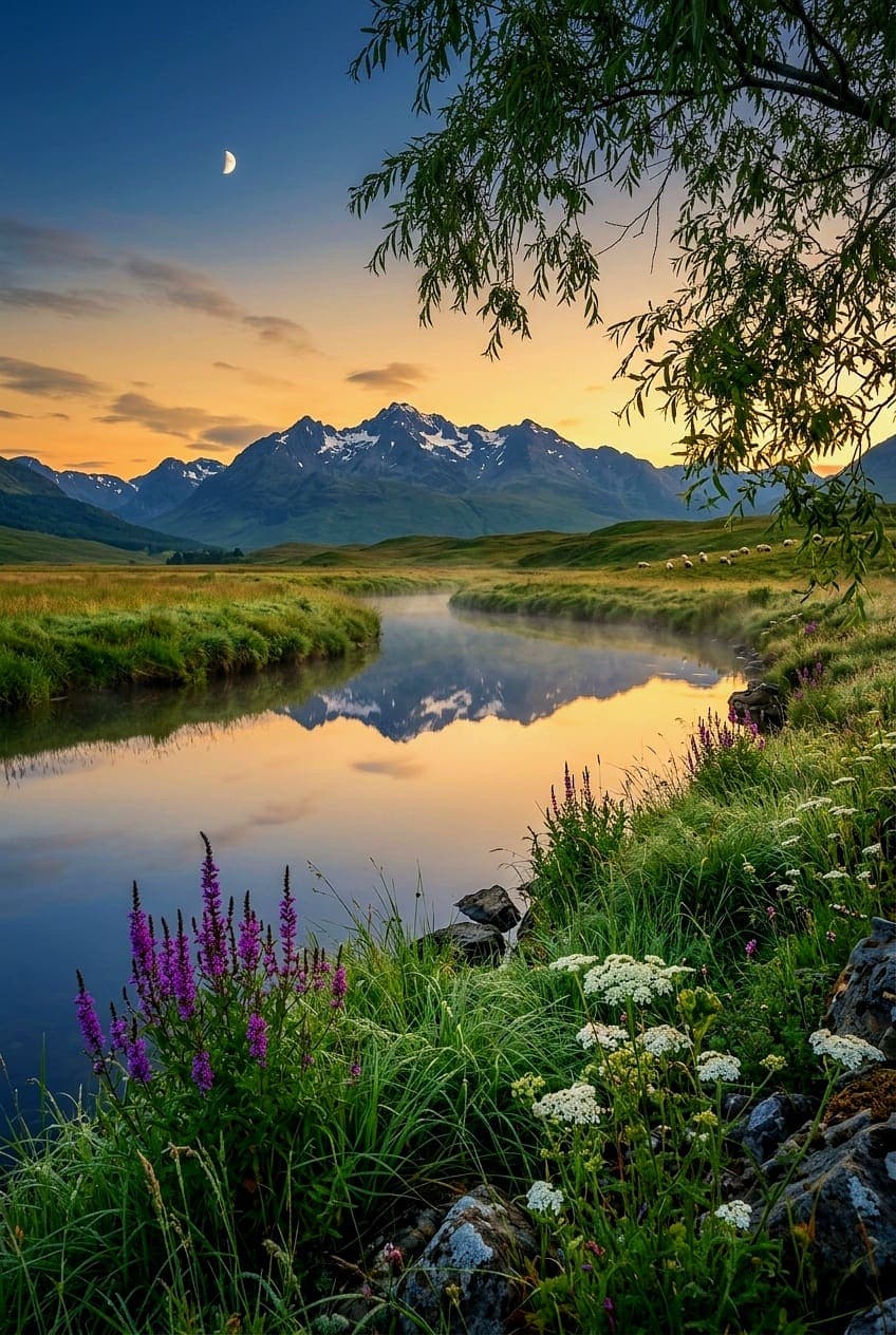A winding river reflects snow-capped mountains and an orange twilight sky; white sheep graze on a hill. AI-generated artwork.