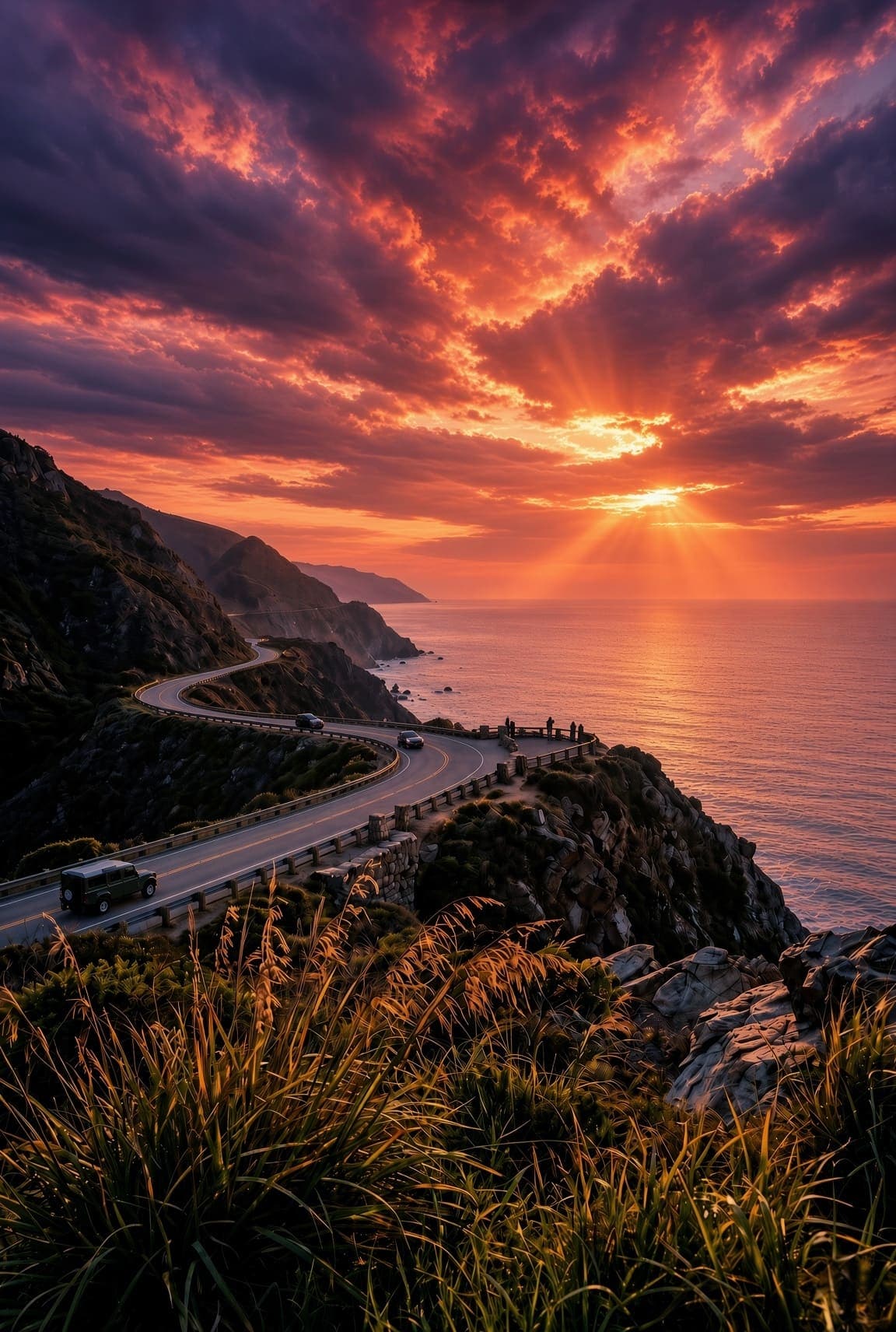 A two-lane coastal highway curves along green cliffs above the ocean, with cars and people at a lookout under sunbeams. AI-generated artwork.