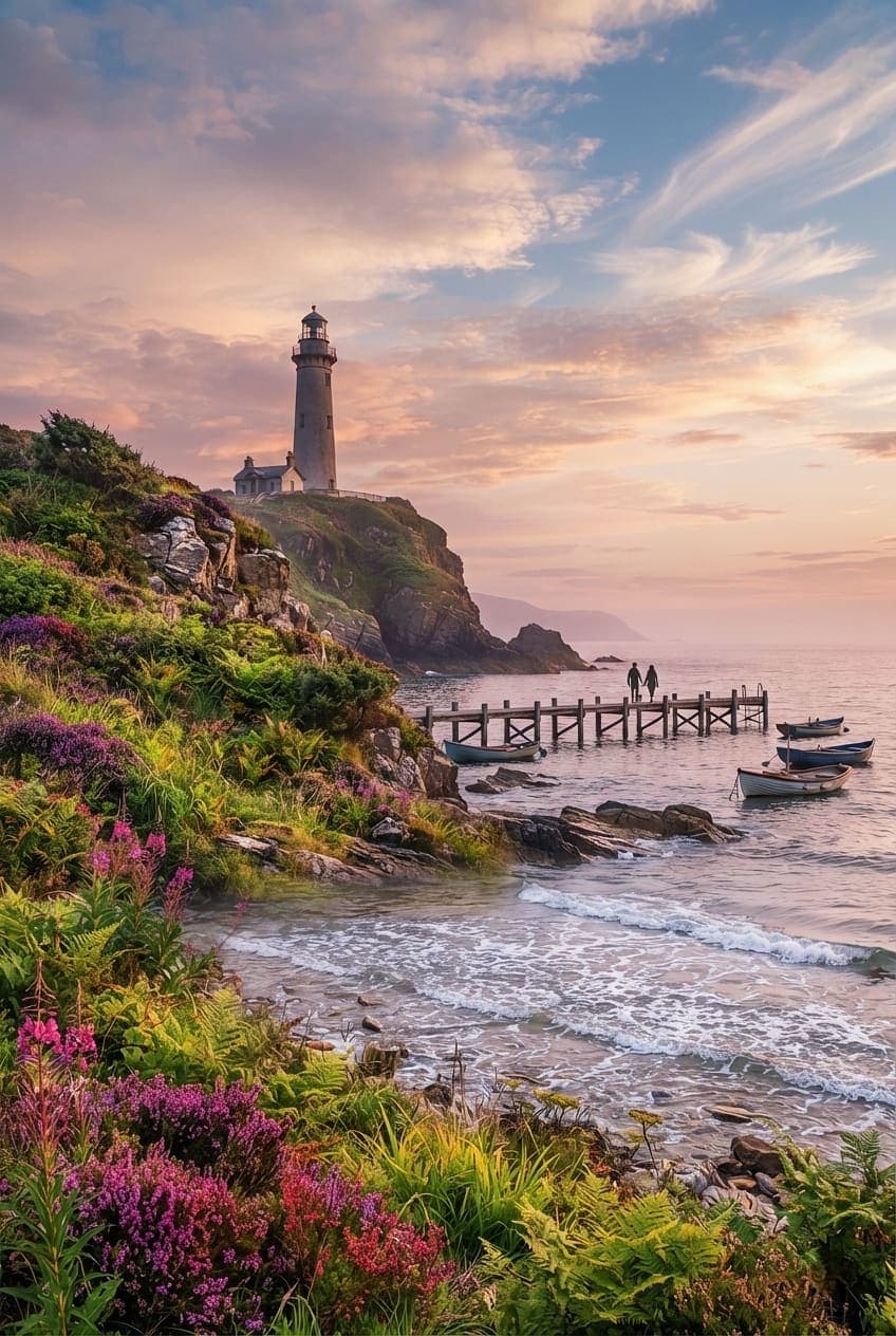 A stone lighthouse stands on a green rocky cliff above a wooden pier, rowboats, and purple heather. AI-generated artwork.