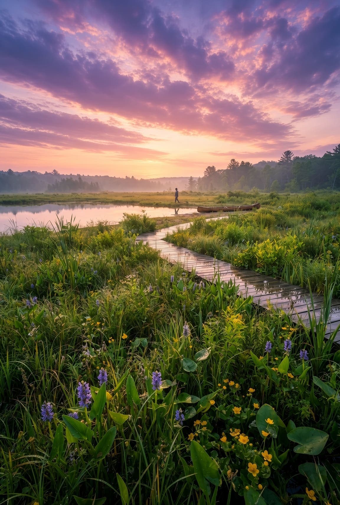 A wooden boardwalk curves through green marsh and purple wildflowers toward a lake, with a canoe on the shore. AI-generated artwork.