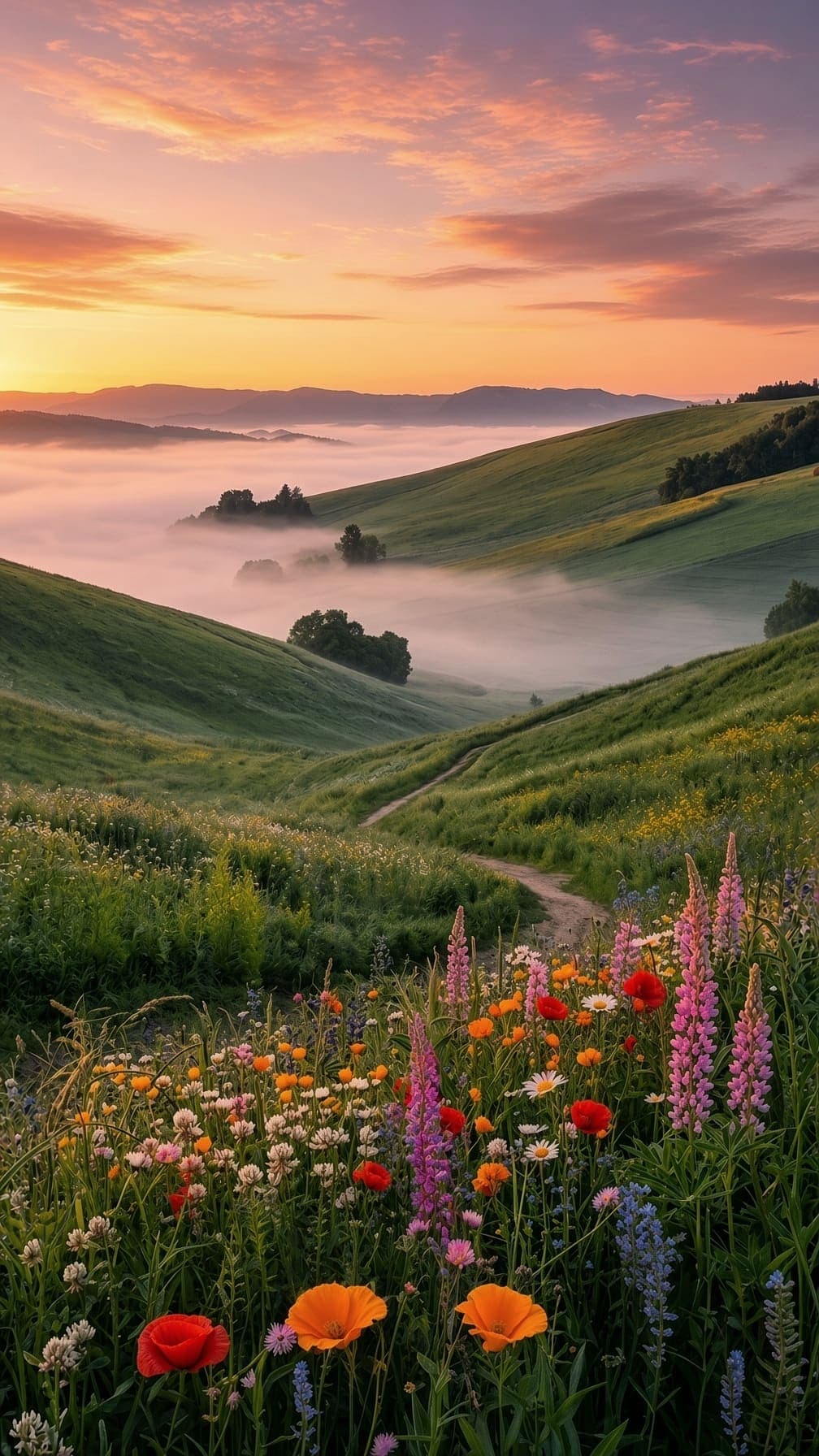 Pink lupines, orange poppies, and white daisies sit beside a dirt path leading into a fog-filled valley. AI-generated artwork.